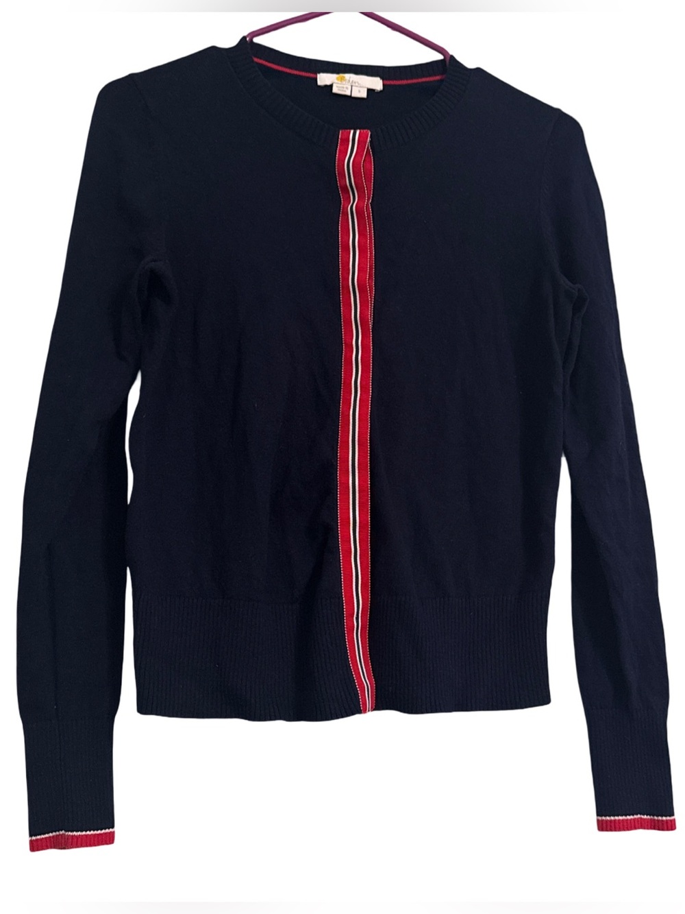 Boden Women’s S Navy Blue 100% Cotton Cardigan Red White Stripe Button Front